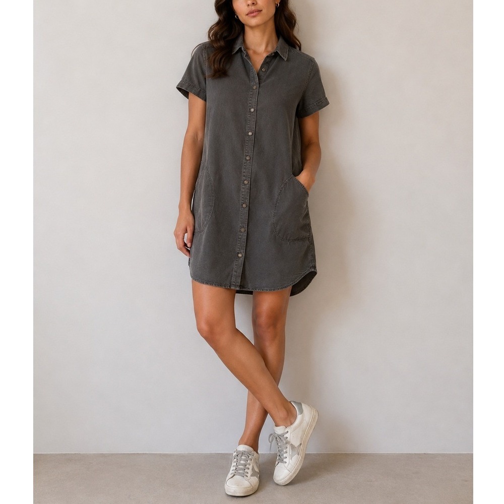 Lucky Brand Dark Gray Chambray Short Sleeve Button Front Shirt Dress | Size L